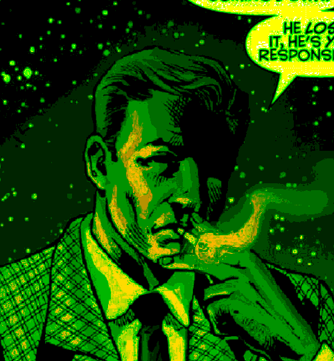 this image depicts Benny Gecko, from Fallout: New Vegas. It has been heavily edited to look bright green.