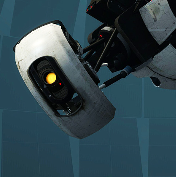 Image of Glados in her lair. She is looking directly at the camera.