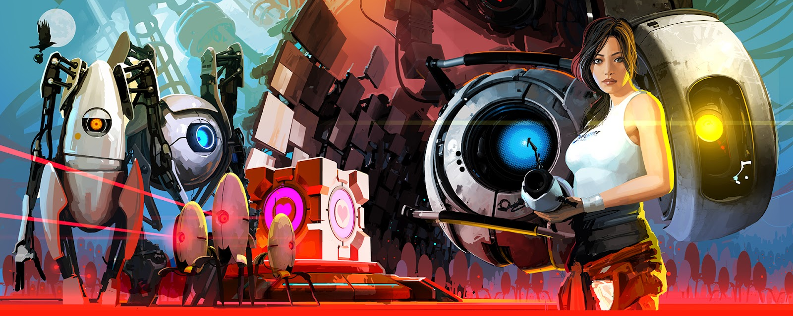Promotional image for Portal 2. It features (from left to right) P-Body, Atlas, 3 turrets, the companion cube, Wheatley, Chell, and Glados. They are all staring at the camera.